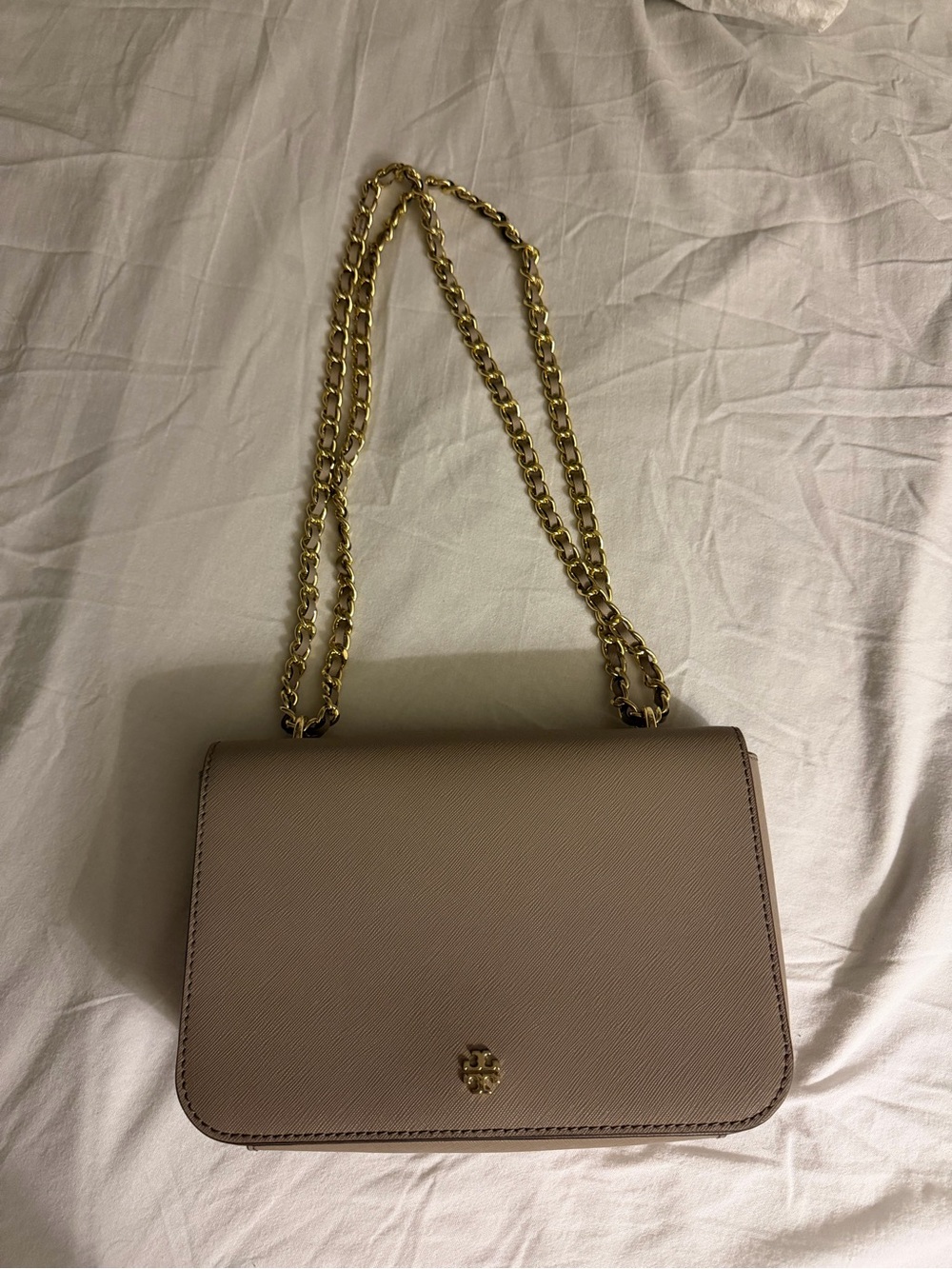Tory Burch Taupe Leather Chain Crossbody Bag with Gold Hardware